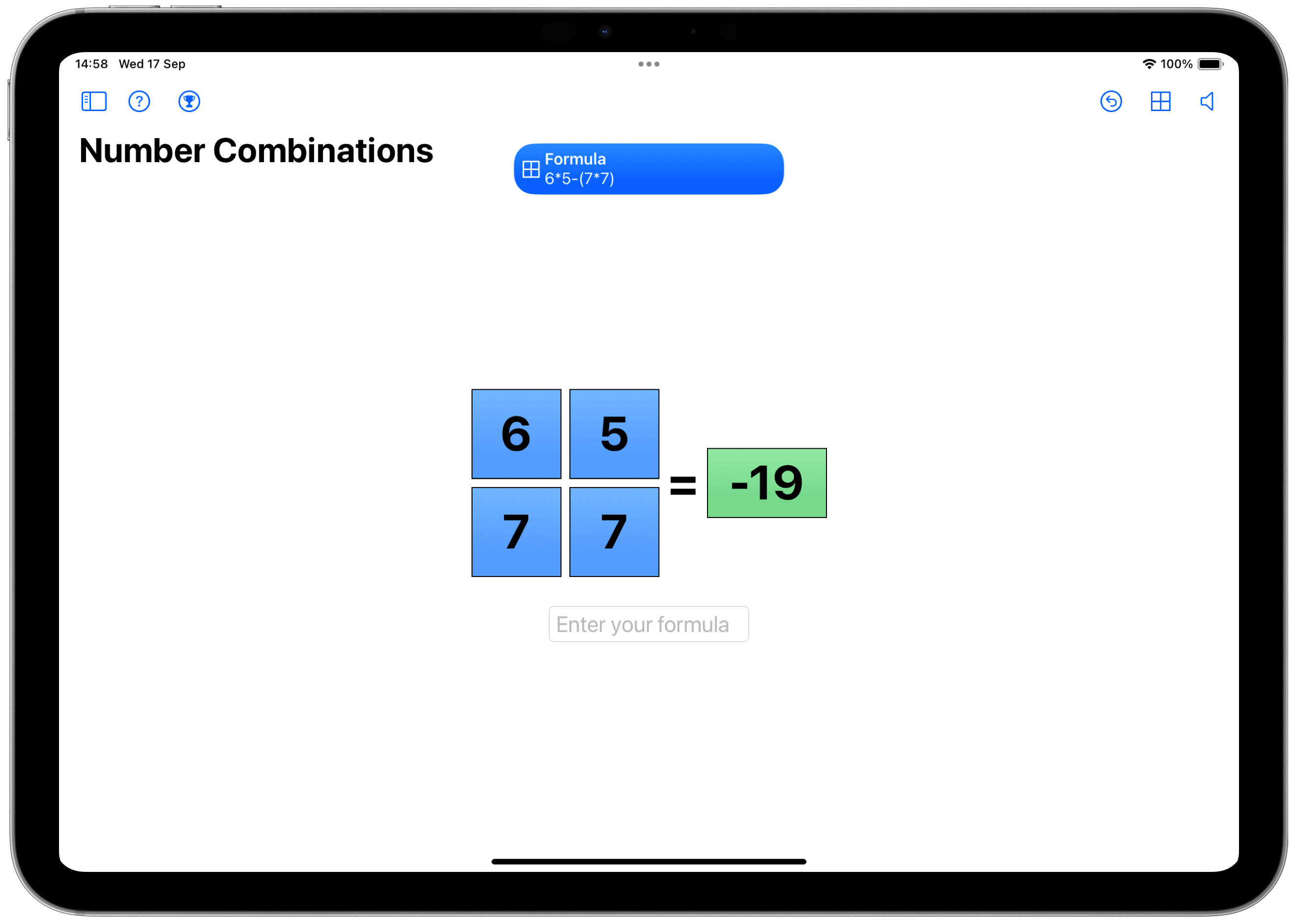 Number Combinations Game screen